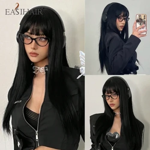 Easihair longo de seda reta perucas sintéticas com franja preto cosplay festa lolita perucas de cabelo para mulheres natural resistente ao calor peruca