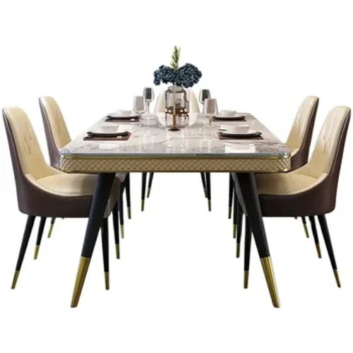 Modern Luxus Iessdësch Set Fir Kichen Miwwelen Marmor Table Top Metal Table Frame Lieder Iessstull