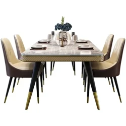 Modern Luxury Dining Table Set For Kitchen Furniture Marble Table Top Metal Table Frame Leather Dining Chairs