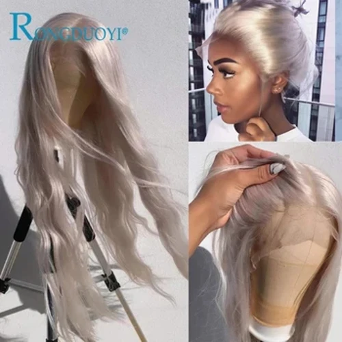 RONGDUOYI Cosplay Lace Synthetig Wigiau Blaen Arian Llwyd Wig Synthetig Donnog Gwallt Lace Wigiau Ar gyfer Menywod sy'n Gwrthiannol i Gwres a Ddefnyddir yn Ddyddiol