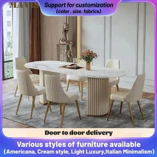 I-Oval Dining Table Setha Idizayini Efingqiwe I-Golden Stand Luxury Furniture Glossy Rock Board I-Home Decor ye-Ivory Kitchen Ithebula Nezihlalo