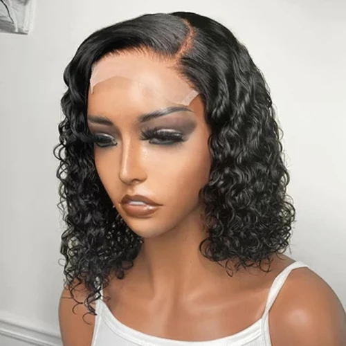 Gueless Curly Kuerz Bob Hoer Perücke 5x1 T Deel Transparent Spëtze Frontal Perücke Ouni Kleb Deep Wave Mënsch Hoer Bob Perück fir Fraen