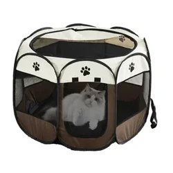 Pet Play Pens kanggo Anjing Kain Oxford Dipindhah Zippered Foldable Dog Crate Cute Cat Pagar kanggo Pets Cilik Portabel Octagonal Cage