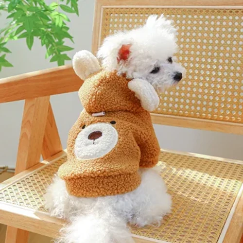 1PC Pet Apparel Cat Autumn Winter Plush Thickened Warm Little Bear Head Coat Hoodie With Drawstring Buckle Para sa Small Medium Dogs