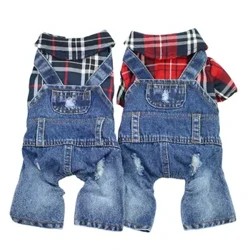 Hund Katt Denim Rutig Jumpsuit Huvtröja Pet Valp Jean Jacka Vår/Höst Kläder Kläder 4 färger