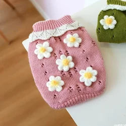 1PC Pet Apparel Dog Hierscht a Wanter Verdickte Warm Gréng Pink 3D Blummen Stréckpullover Pullover fir kleng mëttel Hënn