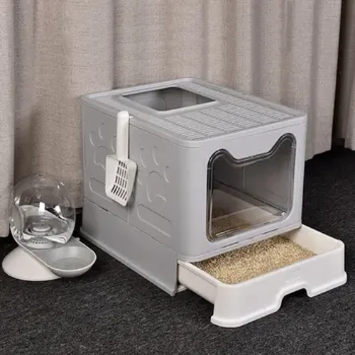 Caixa de areia dobrável para gatos XXL de grande espaço com entrada frontal e saída superior com bandeja