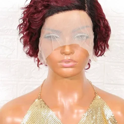 Tonnau dŵr cyrliog byr Pixie Wigiau gwallt dynol wedi'u torri Ombre T1B/99J, 13x4x1 Ochr Fforddiadwy T Rhan Las Wig Wig Blaen Rhad, FY-1023