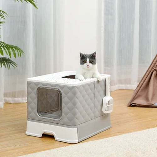 Caixa de areia para gatos de tamanho grande com colher, suprimentos para animais de estimação, estilo gaveta fechada, vaso sanitário para gatos, fresco com entrada e saída
