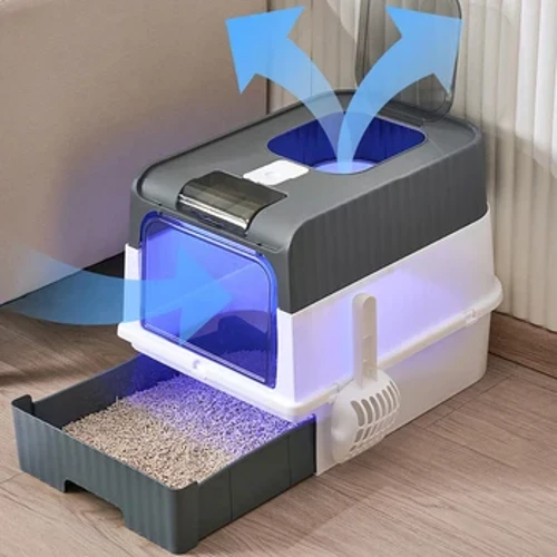 Kothak Kotoran Kucing Kanthi Fungsi Ultraviolet UVC, Kothak Kotoran Anti-Splashing Entri Ndhuwur Gedhe Tertutup Kanthi Tutup Otomatis Mati.