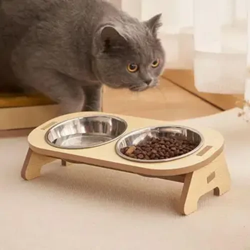 Tigelas elevadas para animais de estimação, inclinadas, simples/duplo, aço inoxidável, tigelas de comida, madeira, recipiente de alimentação de água para cães, suprimentos para gatos