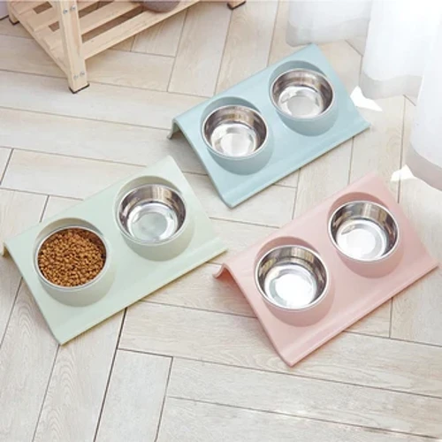 Bol de riz pour animaux de compagnie bol de nourriture pour chien et chat Protection du cou pour animaux de compagnie nourriture et eau ustensiles d'alimentation anti-basculement deux en un bol en acier inoxydable