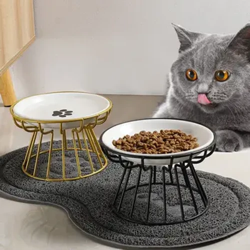 Mangkuk Angkat Kucing dengan Dudukan Logam Keramik Keramik Makanan Makanan Ringan Pakan Ditinggikan Feeder Anak Kucing Piring Anjing Aksesoris