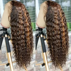 Perruque Lace Frontal Wig naturelle ondulée, cheveux naturels, à reflets plus foncés, pré-épilés, P4/30, 13x4x2 T, partie HD, vague d'eau, densité 200%