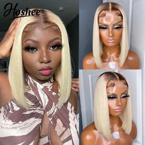 4/613 Izinwele Zomuntu Ezinemibala 13x4 HD Ileyisi Iwigi Yangaphambili I-Bob Straight Transparent Ombre Honey Blonde Pixie Cut T ingxenye yamawigi angaphambili
