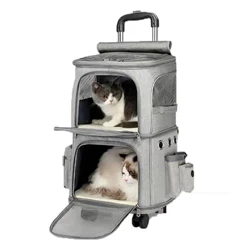 Cat Dog Stroller with Carrier on Wheels Two Pets Separate Bags Double Layers Backpack Portable Large Capacity Puppy Trolley