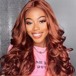 Rödbrun Body Wave Spets Front Peruk Människohår Limfritt #33 HD Spets Frontal Peruk Färgat Människohår Peruker Klara att bära T-del