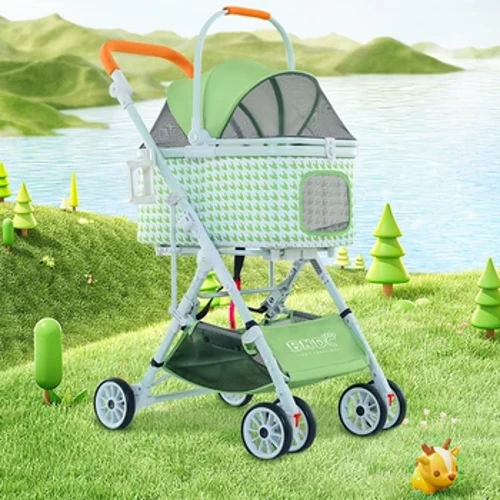 Carrier Pet Stroller Carrier kanggo Anjing Kucing Bayi Stroller Dog Pull Cart Double Layer Ringan Four Wheel Shock Absorption