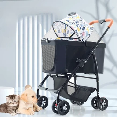 Cart Peataí Fillte Éadrom, Stroller Ionsúite turrainge ceithre roth do Chait agus Madraí, Bugaí Madraí Iompar Peataí Inscortha
