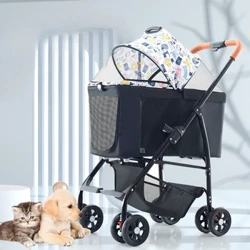 Kevyt kokoontaittuva lemmikkikärry, nelipyöräiset iskuja vaimentavat rattaat kissoille ja koirille, irrotettavat vaunukoirat Buggy