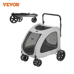 VEVOR 160 pwys Stroller Anifeiliaid Anwes 4 Olwyn Stroller Ci Bach Cŵn Llwyd Tywyll Cylchdroi gyda Braciau a Uchder Addasadwy ar gyfer Cŵn Mawr Canolig
