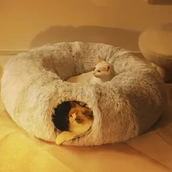 Leaba Cat Plush le Tollán do Chait Dhíon, Leaba Tollán Cat Ilfheidhmeach le Peephole, Leaba Cat Fluffy Donut le Tollán