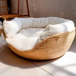 Giường Thú Cưng Mềm Mèo Chó Giống Chó Sofa Tre Dệt Bốn Mùa Ấm Cúng Tổ Giỏ Chống Thấm Nước Có Thể Tháo Rời Đệm Túi Ngủ