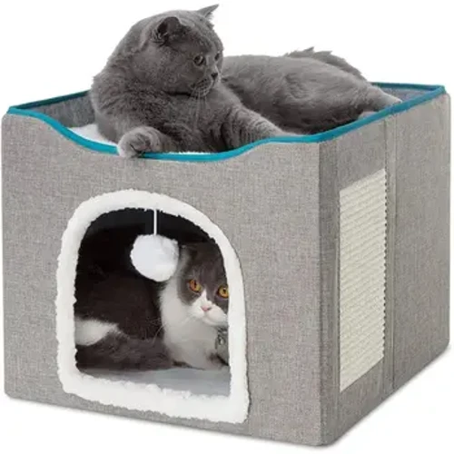 Leaba Cat Mór le Liathróid Chlúmhach Crochta agus Pad Scratch Leapacha Cait Infhillte le Sraitheanna Dúbailte do Chait Dhíon a Chodladh Gach Séasúr