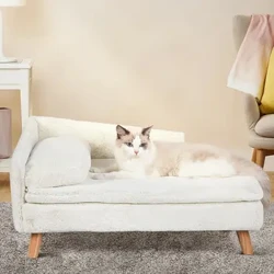Forhøyet kjæledyrseng i massivt tre bein Hunde-kattesofa for innendørs L-form Plysj sofasalong med myk pute