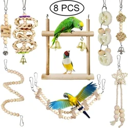 8 Pcs Sangkar Burung Mainan untuk Burung Beo Kayu Ayunan Burung Bisa Dikunyah Jembatan Manik-manik Kayu Bentuk Parrot Mainan Burung Set Mainan