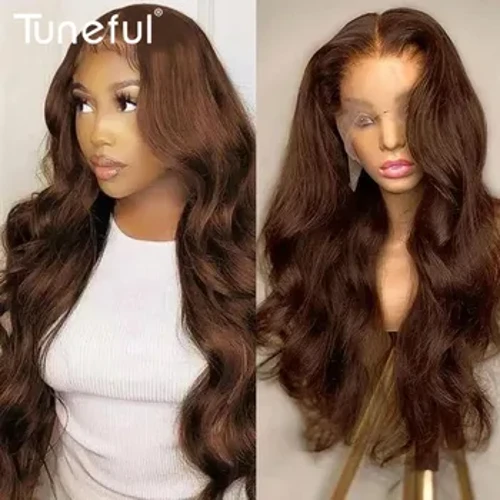 Tuneful 180 % 13 x 4 HD Lace Front, schokoladenbraune Perücken aus menschlichem Haar, gewellte Perücken aus menschlichem Haar, transparente Lace-Frontal-Perücken