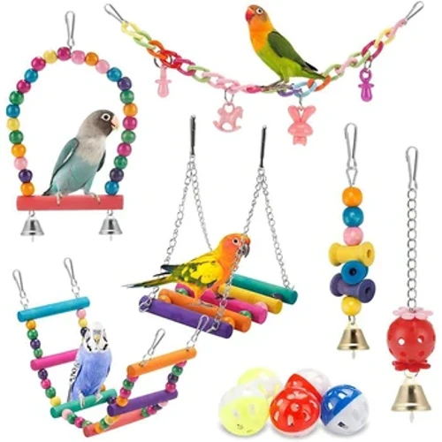 Bréagáin Cage Éan le haghaidh Parrots Éin Adhmaid Swing Droichead Bite Chewable Iontaofa Coirníní adhmaid Cruth Bréagán Parrot 11pcs Bréagáin Éan