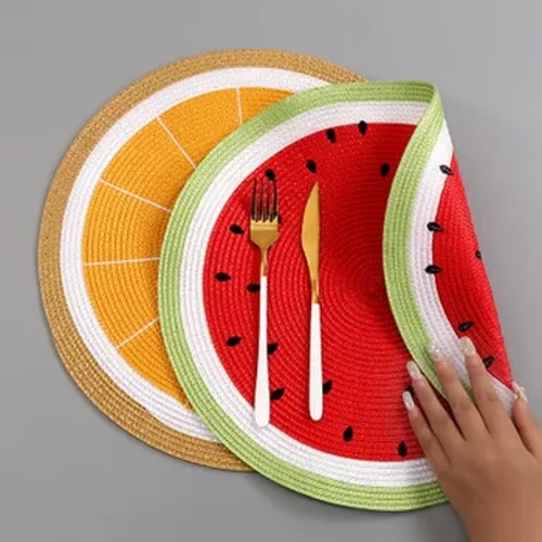 Matiau diod Lemon Watermelon PP wedi'i wehyddu o amgylch Mat bwrdd Cartwn Ffrwythau Bwrdd Bwyta Plât Mat Cegin Affeithwyr Addurn Cartref
