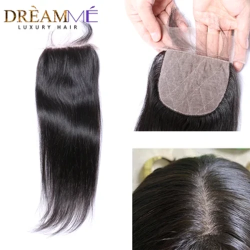 Cabelo liso brasileiro à base de seda 4x4 fechamentos de renda 100% cabelo humano pré-arrancado linha fina com cabelo de bebê cor natural
