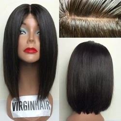 Peluca de pelo humano con corte Bob corto, Base de piel 5*5, peluca con cierre superior de seda, parte libre, cabello Remy malayo, peluca con malla frontal, parte libre, negro Natural