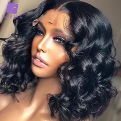 Luffywig peluca ondulada corta con Base de seda de PU, peluca con Base de seda 5x5 con cierre de encaje, pelucas de cabello humano con encaje frontal Bob, pelucas de cabello Remy prearrancadas
