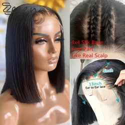 Parte livre 180 densidade natural preto macio curto reto bob sem cola 4*4 rendas frente base de seda peruca para preto com babyhair
