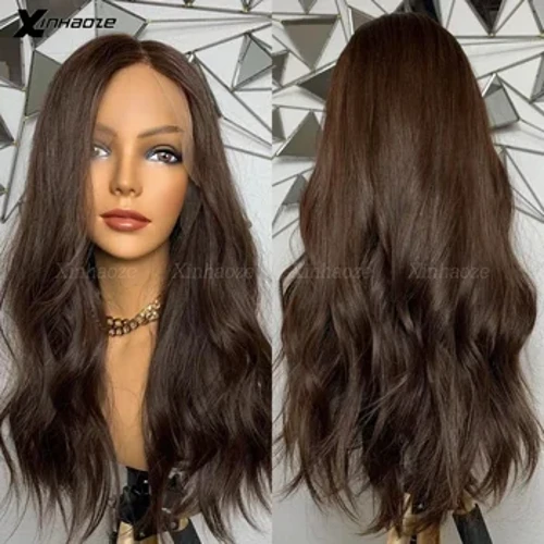 Pelucas de cabello humano con encaje Frontal, 100% con ondas naturales, color marrón Chocolate oscuro, 13x6, peruano, sin pegamento, #2, 13x4, pelucas frontales de encaje con parte superior de seda