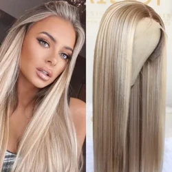 Riichtaus 13x4 Spëtzekleeder Front Perück Highlight Braun Synthetesch Spëtze Perücke fir Fraen 2x4 Seid Base Perücke Preplucked Natural Look Glueless