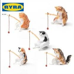 Cathod Pysgota Ffiguryn Cat Cerflun Eistedd Pysgota Resin Cat Bach Ciwt Addurniadau Dodrefn Addurnol Ar Gyfer Acwariwm Cartref