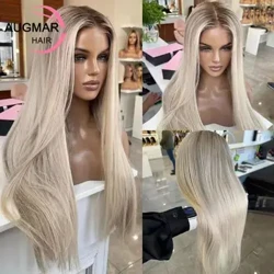Thẳng 13X4 Đế Lụa Phối Ren Phía Trước Bộ Tóc Giả Màu Tro Tóc Vàng Nổi Bật Tóc Giả Tóc Lụa Top Trong Suốt HD Con Người ren Phía Trước Tóc Giả
