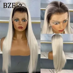 Ombre Tro Tóc Vàng Ren Mặt Trước Bộ Tóc Giả Mượt Thẳng Màu Tổng Hợp Tóc Giả Dành Cho Nữ Đậm Rễ #60 Xám Trắng Cosplay Glueless tóc Giả