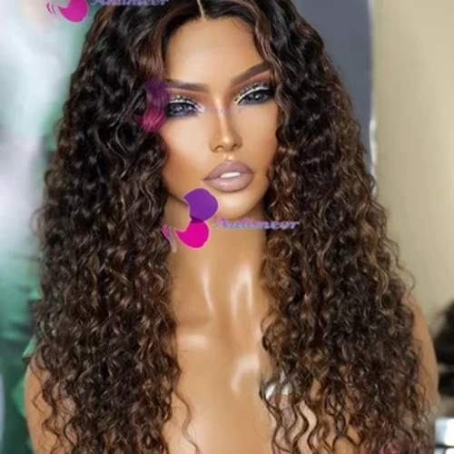 Parrucca anteriore in pizzo con evidenziazione marrone Parrucca riccia nera per capelli umani Parrucca superiore con base in seta Parrucca riccia crespa Capelli umani per donne nere