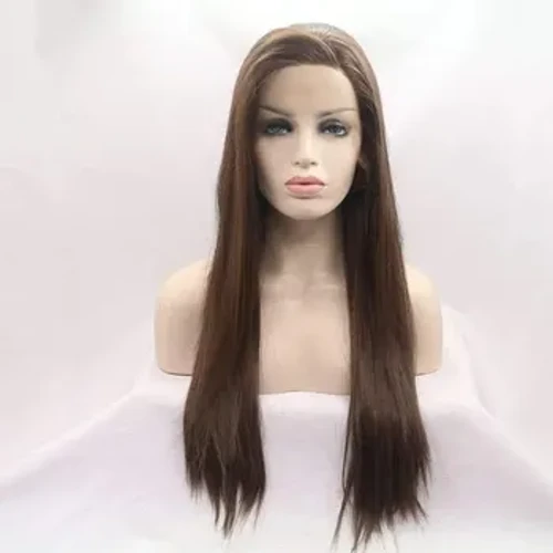 Perruque Lace Front wig sans colle synthétique lisse en soie longue 6 # brun foncé 13*3, cheveux en Fiber résistante à la chaleur avec raie latérale pour femmes