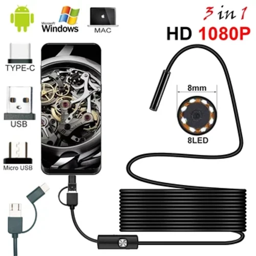Nova câmera endoscópica de 8.0mm 1080p hd usb endoscópio com 8 led 1/2/5m cabo à prova d' água boroscópio de inspeção para android pc