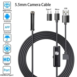 Mini câmera endoscópica à prova d'água, cabo ajustável 6 led 5mm android tipo-c usb câmera de inspeção de carro inspeção de tubulação