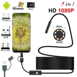 ʻO 8mm Endoscope Camera hou 1080P HD USB Endoscope me 8 LED 1/2/5M Flexible Cable Waterproof Inspection Borescope no Android PC