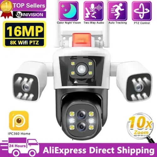 10X Zoom 16MP 8K WiFi IP Kamera Tiga Lensa Outdoor Panorama View PTZ Smart Track Keamanan Perlindungan Jalan Pengawasan IPC360