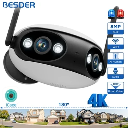 BESDER Telecamera IP 4K 8MP Panoramica 180° Ampio Angolo di Visione Telecamera di Sorveglianza Wifi Esterna Visione Notturna CCTV Protezione di Sicurezza