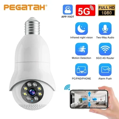 5G Wifi PTZ caméra panoramique E27 ampoule Vision nocturne couleur détection de mouvement Audio bidirectionnel Surveillance de sécurité caméra IP